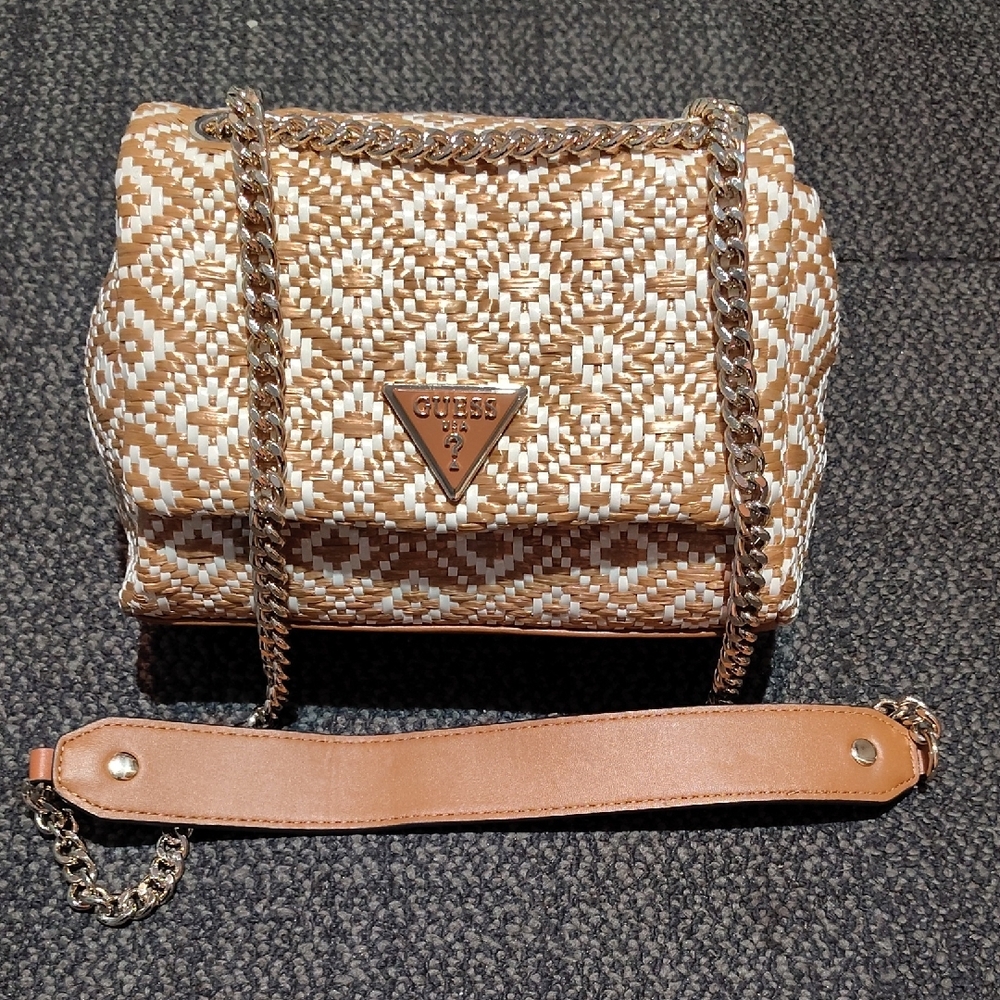 Guess Tan and Cream Crossbody Bag with Geometric Pattern